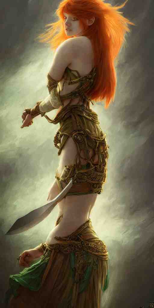 ginger girl with problems dringing in an ancien taver and playing with a knife, magic the gathering, ancient, sand, emerald, intricate, highly detailed, digital painting, artstation, concept art, smooth, sharp focus, illustration, Unreal Engine 5, 8K, art by artgerm and greg rutkowski and alphonse mucha