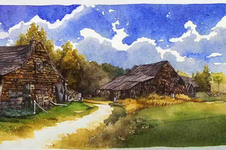 country road store goose watercolor pen trending on artstation 