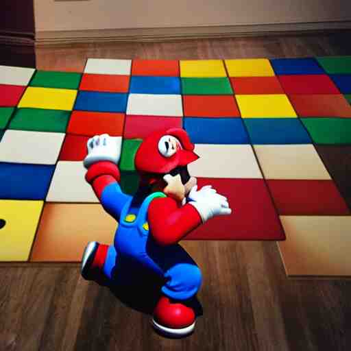 a photo of someone throwing a question block from the mario videogames on to the floor, breaking 