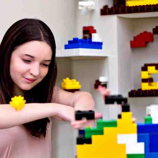 woman, 1 8 years old, brown hair, brown eyes, building the pokemon abra out of legos, well lit, high quality, 