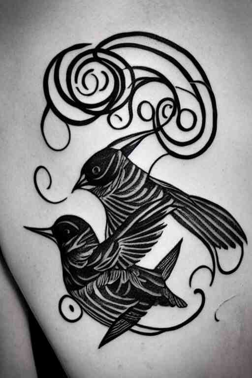 a simple tattoo design of birds flying in a 2 spiral, black ink, logo 