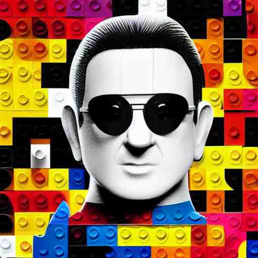 studio photo, bono from u 2 as lego minifigure, photorealistic, detailed, studio lighting, 4 k 