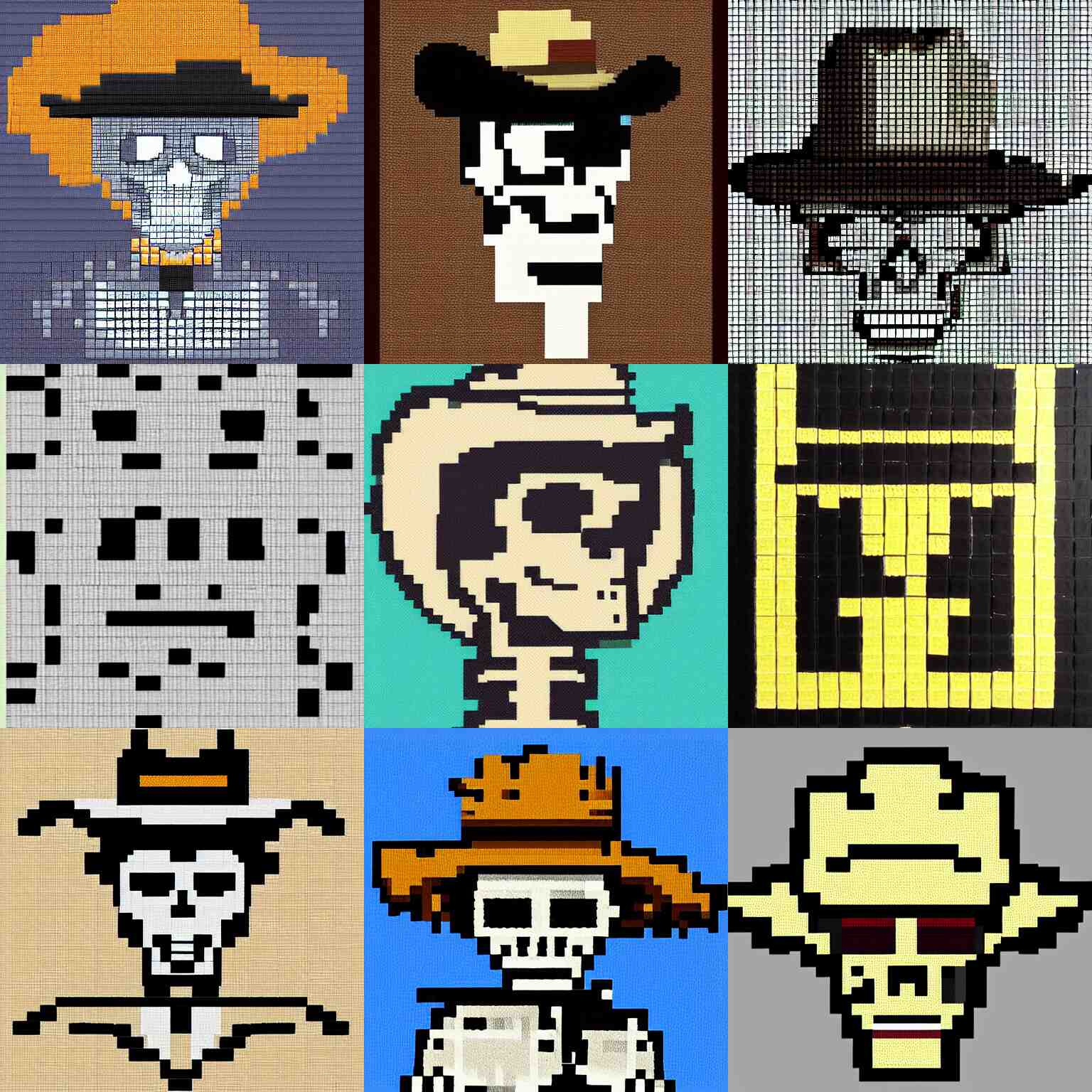 8 bit art of a skeleton in a cowboy hat 