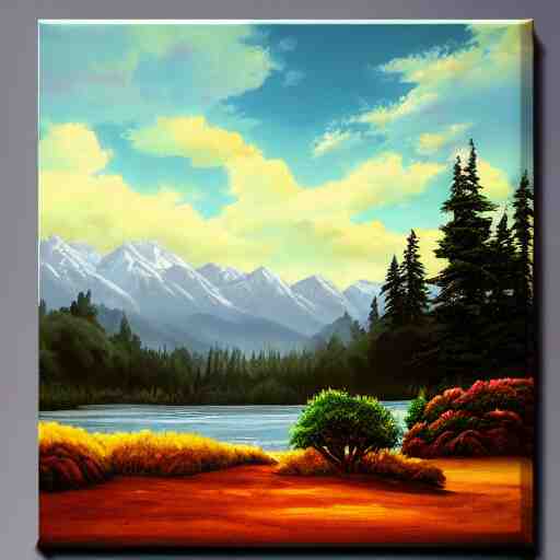 a closeup photorealistic photograph of bob ross themed kenny powers baseball, painting on a canvas. mountains and trees. film still. brightly lit scene. this 4 k hd image is trending on artstation, featured on behance, well - rendered, extra crisp, features intricate detail, epic composition and the style of unreal engine. 