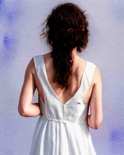 watercolor picture of a beautiful young woman in white dress, from the back, looking at the camera, high key, 8k