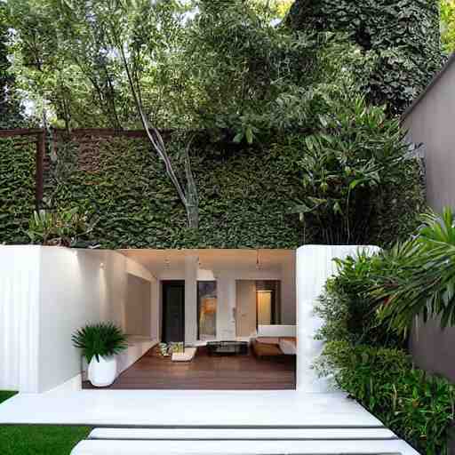 luxury small backyard walls at the sides, modern hut at the back all white, no plants, no grass, brown floor, small pool 