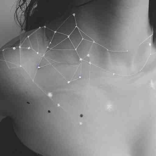 close up studio portrait photograph of a woman's collar bone tattoo of constellation molecules stars chemistry 