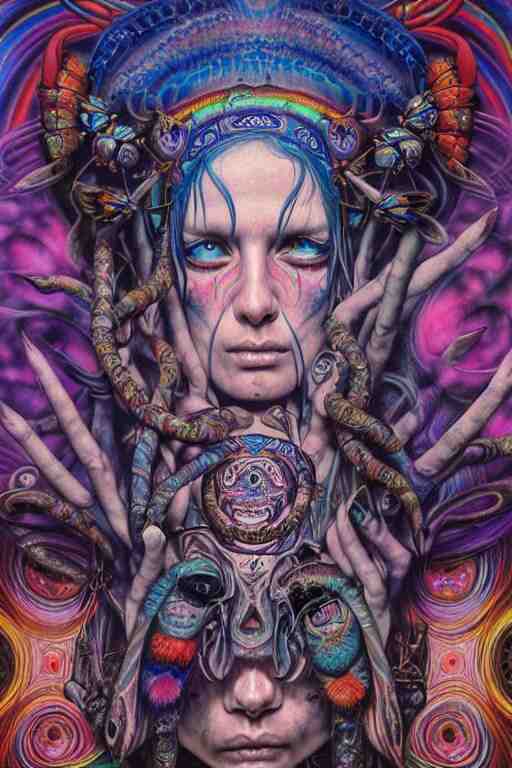 psychedelic shaman, blue and pink, wearing celtic tattoos, inside an epic, ancient temple, ayami kojima, greg hildebrandt, mark ryden, hauntingly surreal, eerie vibrating color palette of charlie immer, highly detailed painting by, jenny saville, soft light 4 k 