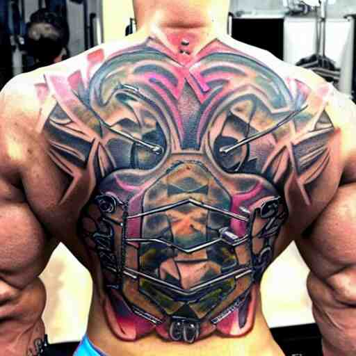 bodybuilder with a full body tattoo of a 3 d hole in the skin with a shiny multicolored metallic gears and tubes robotic mechanics inside under the skin, insanely integrate, 