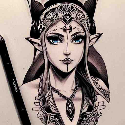 tattoo design, stencil, portrait of princess zelda by artgerm, 