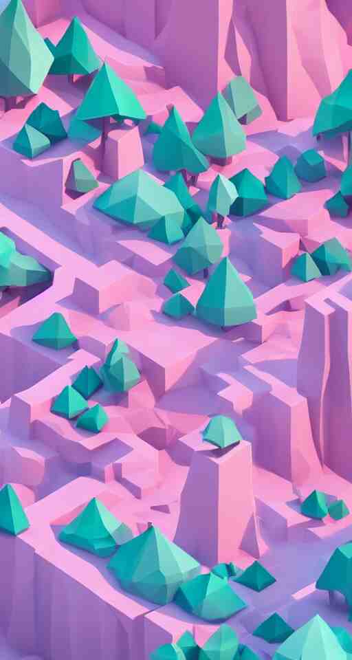 a cute little matte low poly isometric cherry blossom forest island, pink waterfalls, mist, lat lighting, soft shadows, trending on artstation, 3d render, monument valley, fez video game,