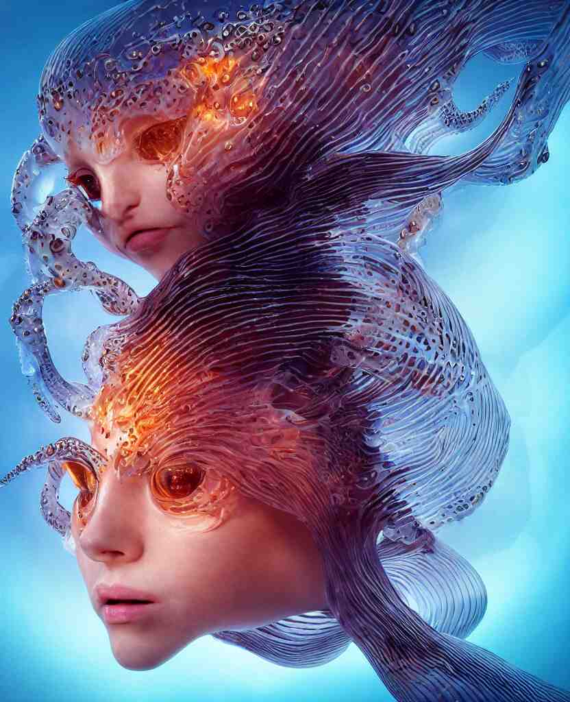 close-up portrait of the face of a beautiful princess in a twisted glass mask floating on the edge of the water, epic angle and pose, symmetrical artwork, 3d with depth of field, blurred background, cybernetic jellyfish female face skull phoenix bird, translucent, nautilus, energy flows of water and fire. a highly detailed epic cinematic concept art CG render. made in Maya, Blender and Photoshop, octane render, excellent composition, cinematic dystopian brutalist atmosphere, dynamic dramatic cinematic lighting, aesthetic, very inspirational, arthouse. y Greg Rutkowski, Ilya Kuvshinov, WLOP, Stanley Artgerm Lau, Ruan Jia and Fenghua Zhong