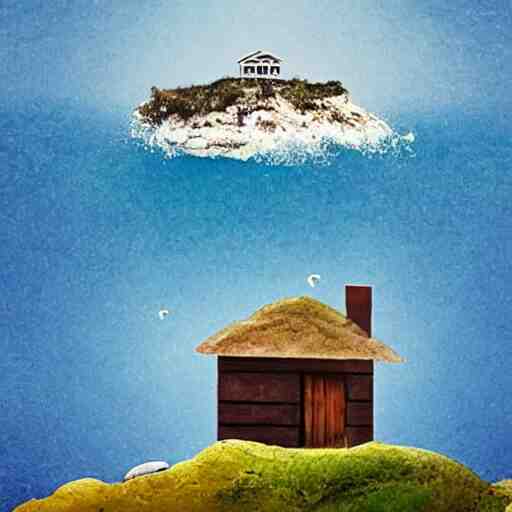 a mountain and the sea, a little house in the middle of the sea 