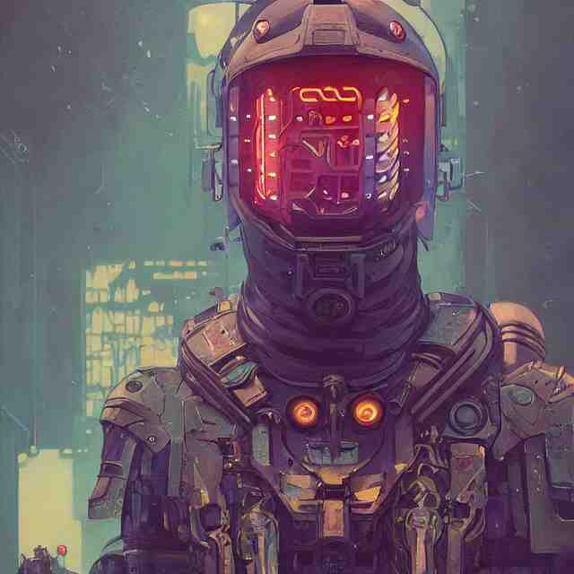 a beautiful portrait painting of a ( ( ( cyberpunk ) ) ) armor by simon stalenhag and pascal blanche and alphonse mucha and nekro. in style of digital art. colorful comic, film noirs, symmetry, brush stroke, vibrating colors, hyper detailed. octane render. trending on artstation 