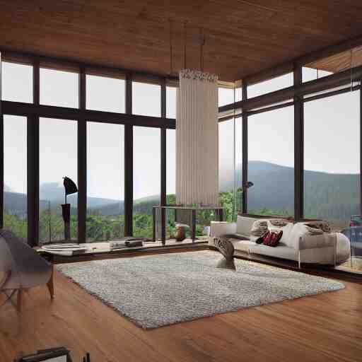 architecture render of a beautiful modern living room with wood floors, large windows with a beautiful view, an area rug, forest, mountains, realistic, hd, 8 k, digital rendering, unreal engine, blender, octane, maya 