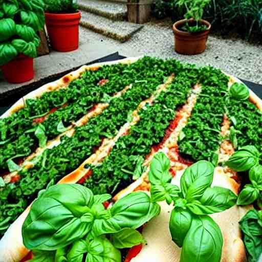 a garden of basil, shaped into the word'pizza'