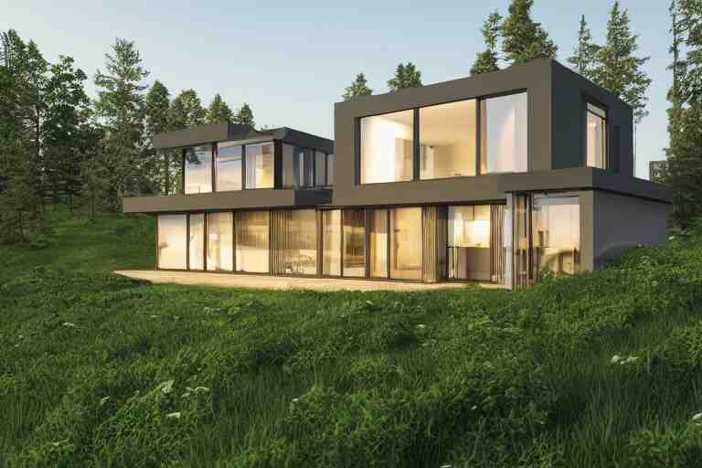 modern modern fachwerk house with in the forest on the foot of Elbrus mountain, architecture, 3d render 8k , high details