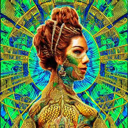 a majestic portrait of a woman with a vascular structure as the amazon aws logo, digital painting, high detail, 8 k, intricate ornamental details, vibrant iridescent colors, green magenta and gold 