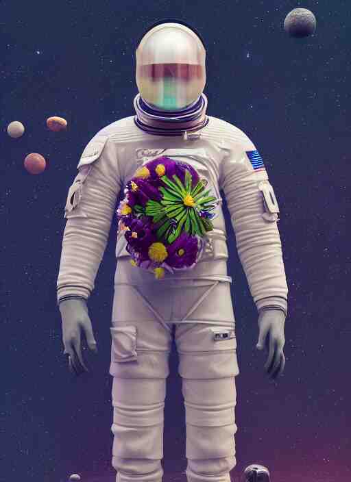 a man in a space suit with a flower in his hand, a computer rendering by Mike Winkelmann, trending on cgsociety, retrofuturism, uhd image, rendered in cinema4d, hard surface modeling,