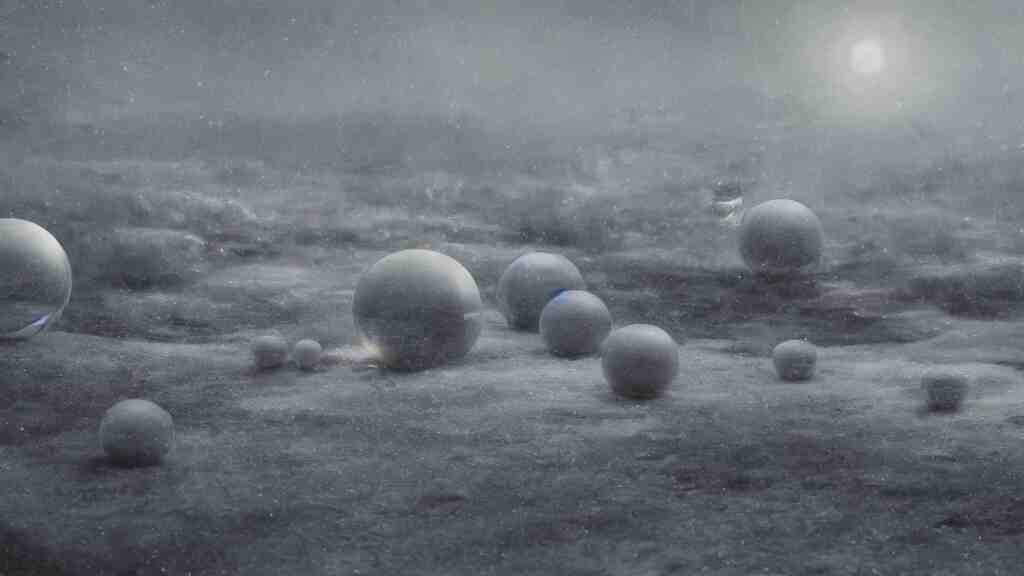 a surreal dreamlike scene of transparent spheres containing miniature cities floating over a barren snowy landscape, somber melancholic matte painting, highly detailed oil painting, liminal space, 8k, stillness, solitude, icy cold pale silent atmosphere, masterpiece