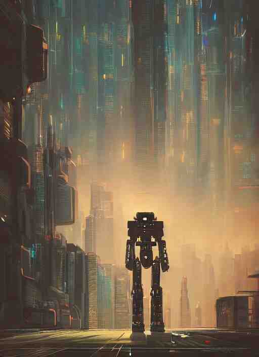 a painting of a giant robot standing in front of a city, cyberpunk art by mike winkelmann, behance contest winner, nuclear art, dystopian art, apocalypse art, sci - fi 