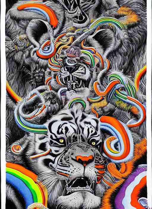 lions and tiger and bears dissolving into melted liquid braids, cubensis, aztec, basil wolverton, r crumb, hr giger, mc escher, dali, muted but vibrant colors, rainbow tubing, ribbons and folds 