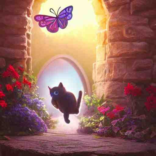 a wholesome cottagecore illustration of a cat chasing a butterfly through a portal to the 4th dimension, Pixar and Disney animation, sharp, Rendered in Redshift and Unreal Engine 5 by Greg Rutkowski, Bloom, dramatic lighting