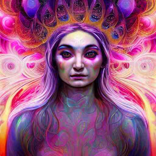 a psychedelic chakra awakening kundalini ethereal portrait of kim petras with her eyes closed transcending to a higher plane of existence, eternal blessing, multiverse, by android jones, by ben ridgeway, by ross draws, by noah bradley, by maciej kuciara, visionary art, oil painting, artgerm, featured on artstation, cgsociety, greg rutkowski 