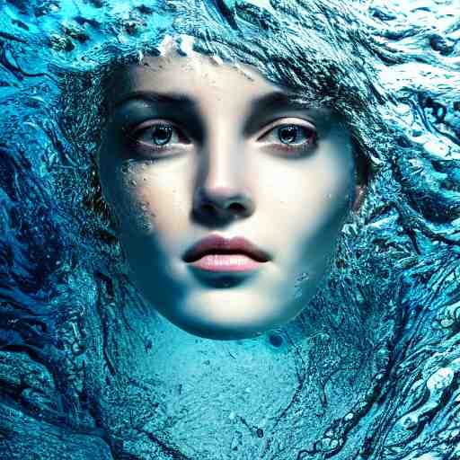 water artwork manipulation in the shape of a beautiful female head, on the ocean water, ray tracing, realistic water sharp focus, long shot, 8 k resolution, cinematic, realistic water art 