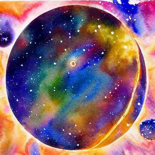 planets colliding, space, stars, sun, earth, planets, explosions, huge explosions in space, watercolor art 