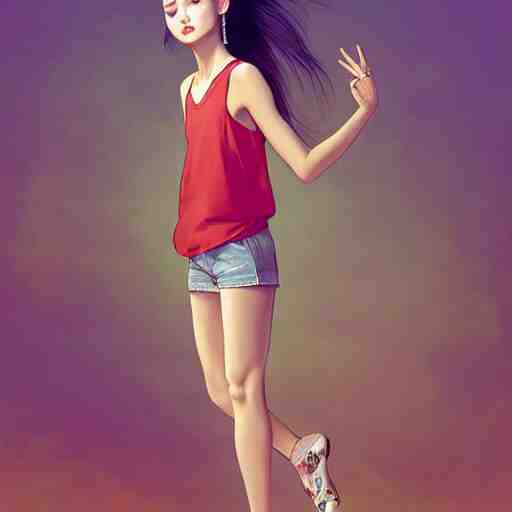 gracefully enchanting studio portraiture of finely fashionable, elegantly dressed, stunning reserved young uzbek model who is slender, tank top, denim shorts. digital art by killian eng and range murata 