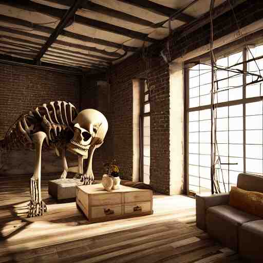 a beautifully decorated loft, interior design, mammoth skeleton in a corner, vray render, 8 k, artstation 