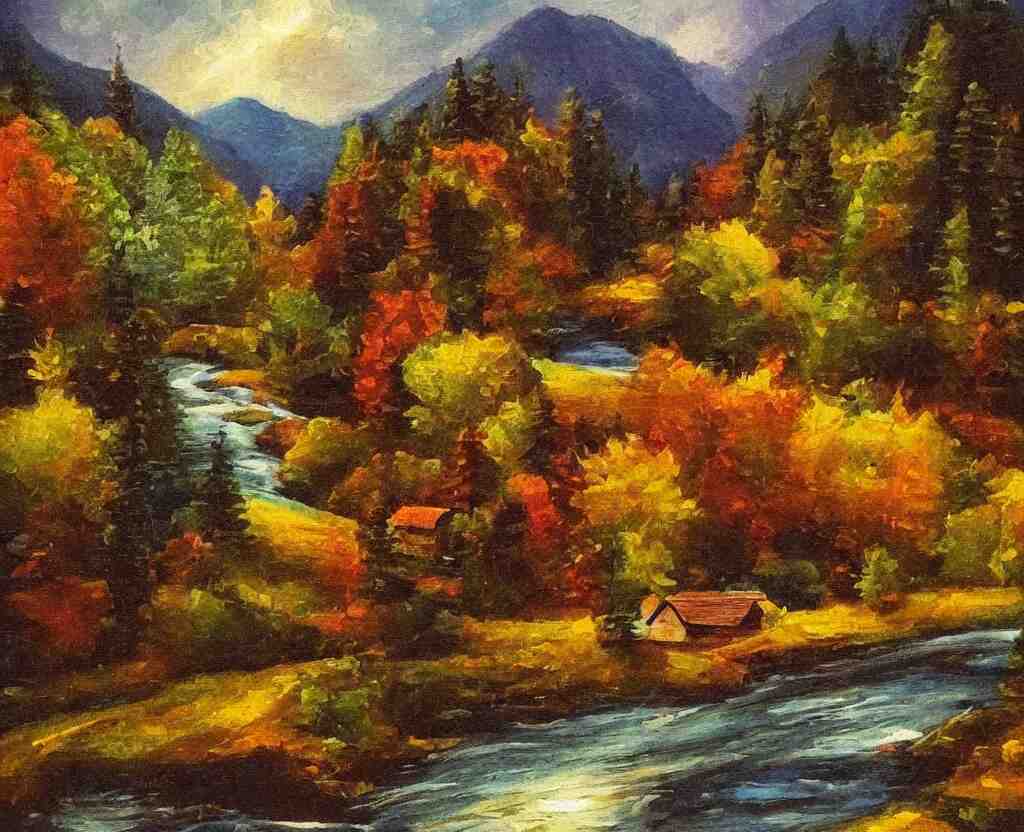 a river running past a cozy cabin in mountain side, night, heavy rain, colorful, classic painting, award winning, highly detailed 