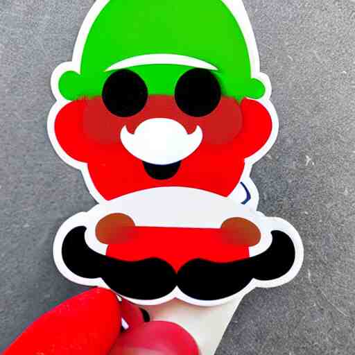 die cut sticker, yoshi wearing mario's mustache, splatter paint 