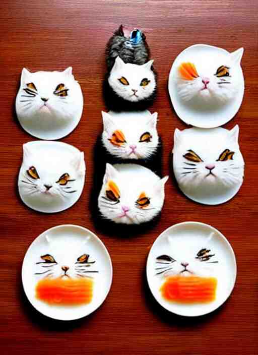 clear surrealist painting of adorable cats made from sushi rice, sitting on sushi plates with garnish 