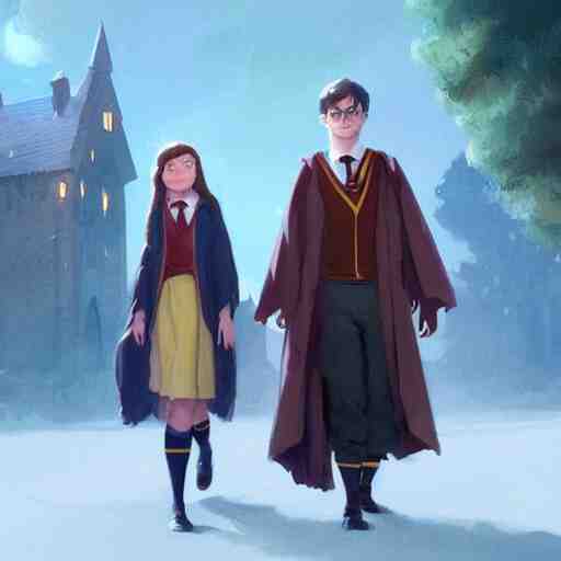 a wholesome animation key shot of harry potter students, fantasy, colorful, pixar and disney animation, sharp, very detailed, high resolution, key art by greg rutkowski, bloom, dramatic lighting 