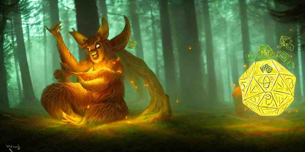 a curious, mythical forest spirit rolling a six - sided dice, d 6 dice, glowing energy, fantasy magic, by willian murai and jason chan, fantasy, dramatic lighting, golden ratio, sharp focus 