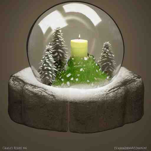 Snow globe, candles, Gustav Klutsis, octane render, Fallout, Pietro Fragiacomo, Legend of Zelda, mist, snow, pine tree, Aloe vera, swamp, dollar bill, shed