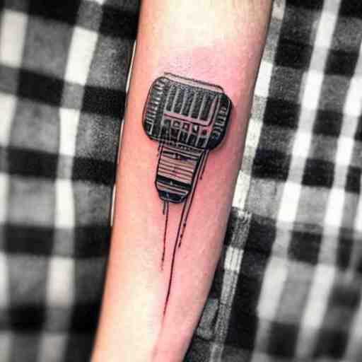 tattoo of a sp - 4 0 4 audio mixer along forearm 