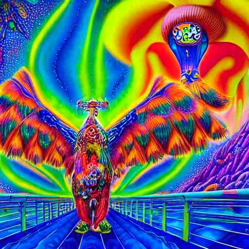 bear riding on a giant peacock through the realms of dmt mario cart race track, painted by lisa frank, alex grey and tim hildebrandt, hyper realism, highly detailed, lsd, psilocybin, sharp focus, sharp contrast, 8 k 