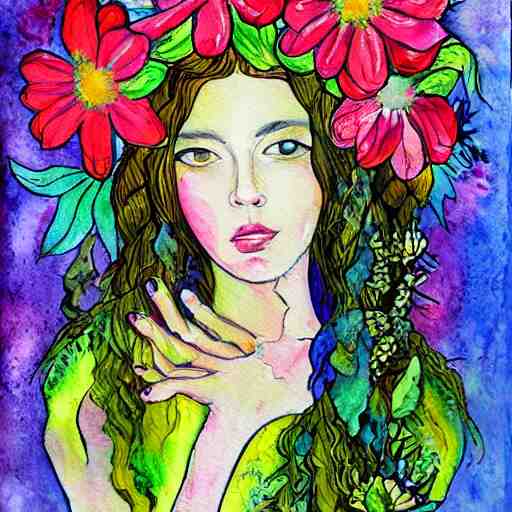 a painting of a woman with flowers in her hair, a watercolor painting by alice mason, deviantart, psychedelic art, deviantart, detailed painting, watercolor 