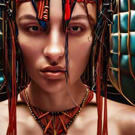 portrait of a stunningly beautiful and alluring futuristic tribal female, depth of field, zeiss lens, detailed, symmetrical, centered, fashion photoshoot, by Annie Leibovitz and Steve McCurry, David Lazar, Jimmy Nelsson, Breathtaking, 8k resolution, extremely detailed, beautiful, establishing shot, artistic, hyperrealistic, beautiful face, octane render