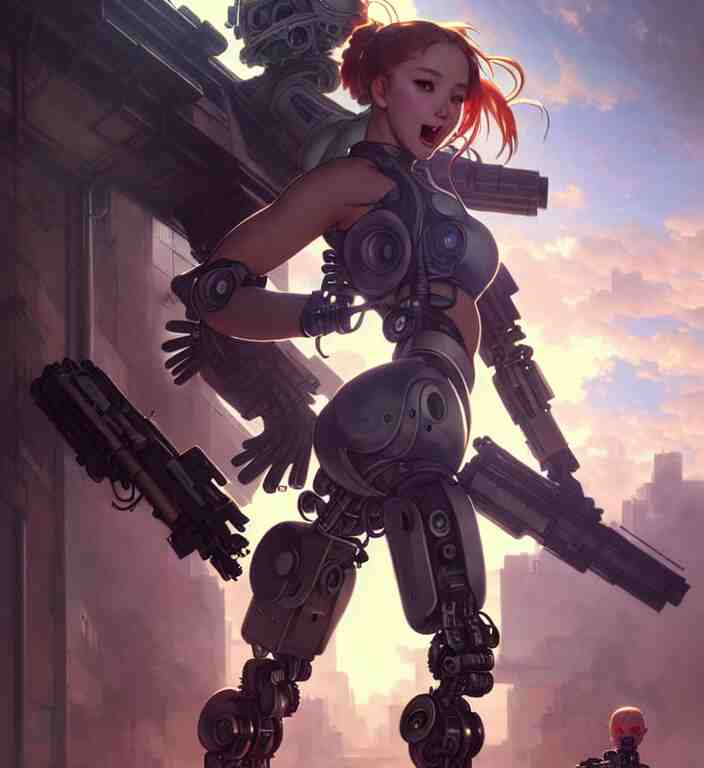 full body painting of chuu loona cyberpunk mercenary smiling and fighting a robot, ultra realistic, concept art, intricate details, eerie, highly detailed, photorealistic, octane render, 8 k, unreal engine. art by artgerm and greg rutkowski and magali villeneuve and alphonse mucha 