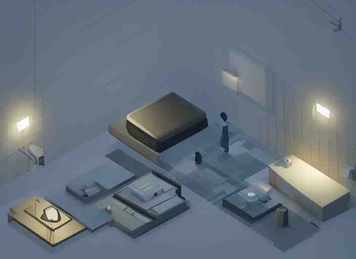 isometric view of a dimly lit room, a 3 d render by paul kelpe, cgsociety contest winner, volumetric lighting, cinematic lighting, isometric 