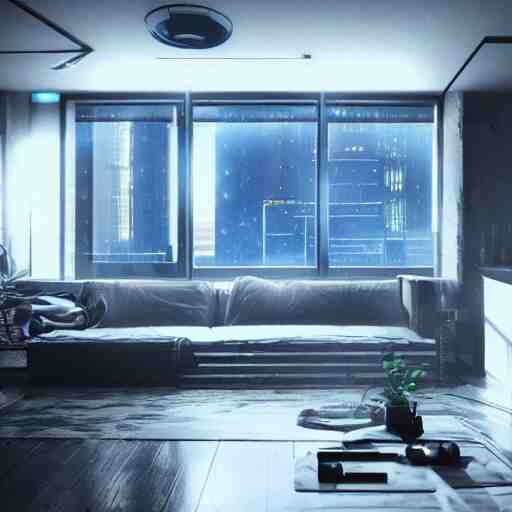 cyberpunk apartment, futuristic, apartment, night, rain, volumetric light, ray traced, photography, behance 