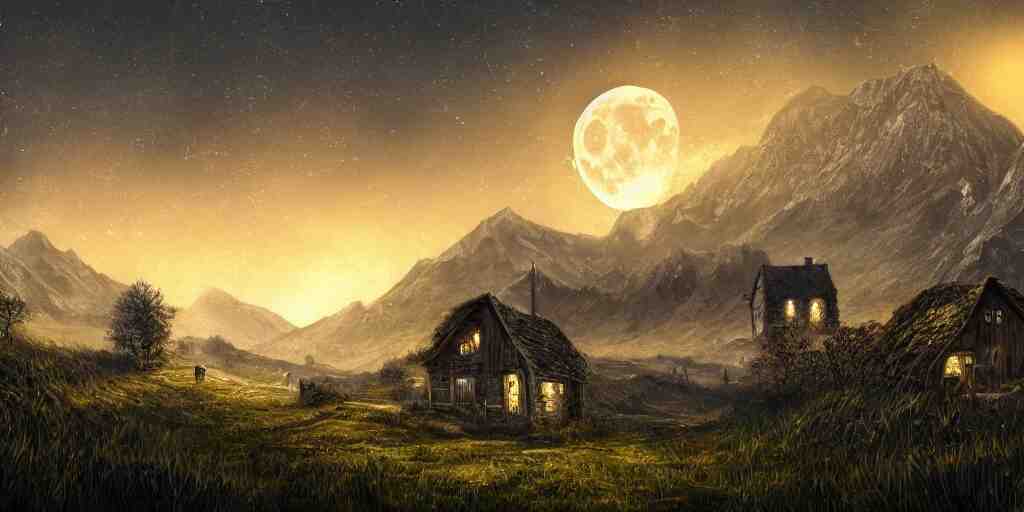 Skeleton infested fields with large mountains in the distance, small cottage in the foreground, nighttime, moon in the night sky, landscape wallpaper, d&d art, fantasy, painted, 4k, high detail, sharp focus