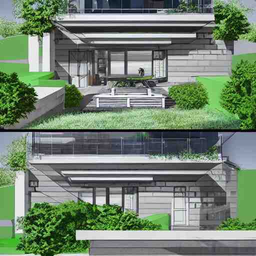 an architectural drawing of a modern house with a courtyard, detailed, lush, 