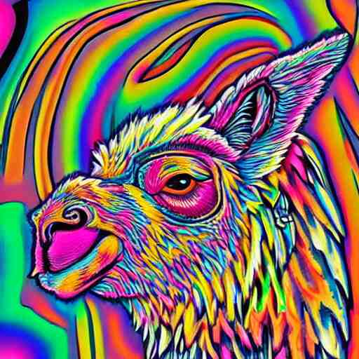 psychedelic, photorealistic, colorfully llama in a maximalist style on a background that fades to black 