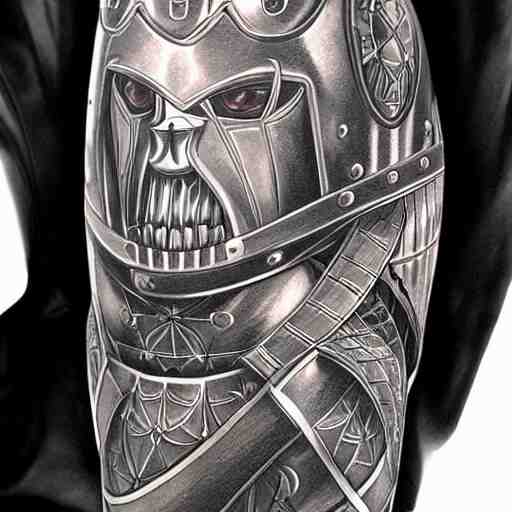 A german knight in armor designed by alex grey, tattoo, tattoo art, Black and grey tattoo style