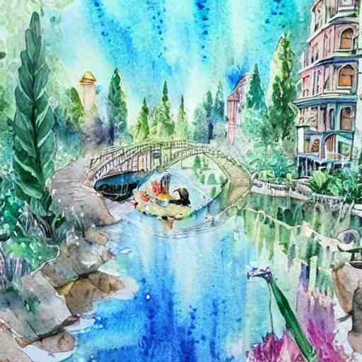 Beautiful happy picturesque charming sci-fi town in harmony with nature. Beautiful light. Water and plants. Nice colour scheme, soft warm colour. Beautiful detailed artistic watercolor by Olivia. (2022)